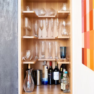 Inspiration for a contemporary single-wall home bar in Sydney with no sink, open cabinets and wood benchtops.
