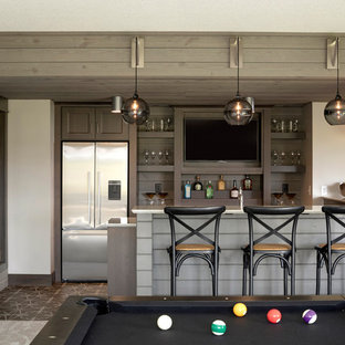 Inspiration for a transitional multicolored floor seated home bar remodel in Minneapolis with open cabinets, dark wood cabinets, brown backsplash and wood backsplash