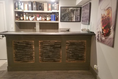 Inspiration for a medium sized rustic single-wall breakfast bar in Chicago with no sink, open cabinets, grey cabinets, wood worktops, grey splashback, wood splashback and ceramic flooring.