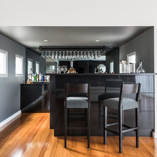 Photo of a contemporary galley wet bar in Melbourne with flat-panel cabinets, black cabinets, mirror splashback, medium hardwood floors, brown floor and black benchtop.