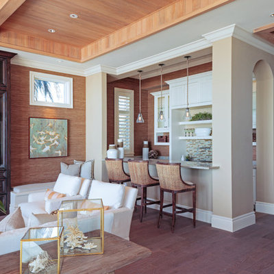 Mid-sized beach style galley dark wood floor and brown floor seated home bar photo in Miami with recessed-panel cabinets, white cabinets, multicolored backsplash and matchstick tile backsplash