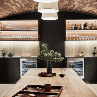 Photo of a contemporary wet bar in Melbourne with open cabinets, beige splashback and grey benchtop.