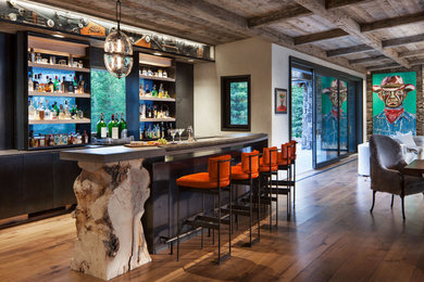 Diseño de bar en casa con barra de bar de galera rural grande con suelo de madera en tonos medios, armarios con paneles lisos, puertas de armario negras y suelo marrón