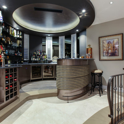 Seated home bar - contemporary u-shaped seated home bar idea in Gold Coast - Tweed with shaker cabinets and black backsplash