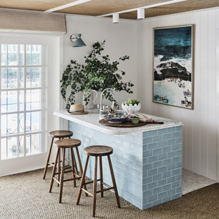 This is an example of a mid-sized transitional seated home bar in Sydney with carpet, an undermount sink, brown floor and grey benchtop.
