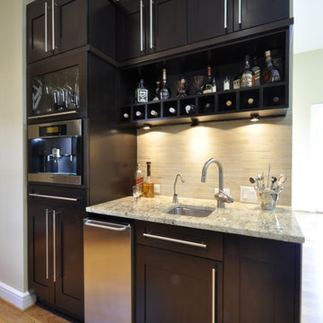 Transitional Dark Wood Cabinetry Kitchen with Beverage Center