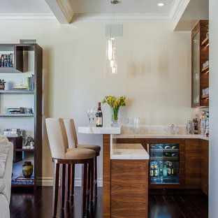 Esempio di un grande bancone bar minimalista con paraspruzzi a specchio, parquet scuro, pavimento marrone, top bianco, ante di vetro, ante in legno scuro e top in onice
