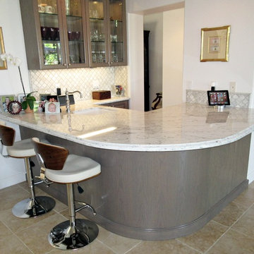 Transitional - Home Bar with Gray Oak Cabinetry, Chrome-Wood-Leather Chairs