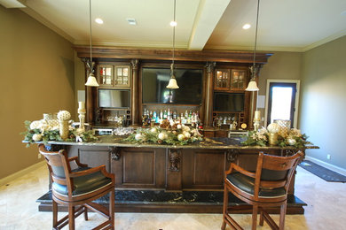 Wet bar - mid-sized craftsman galley marble floor and beige floor wet bar idea in Kansas City with glass-front cabinets and dark wood cabinets