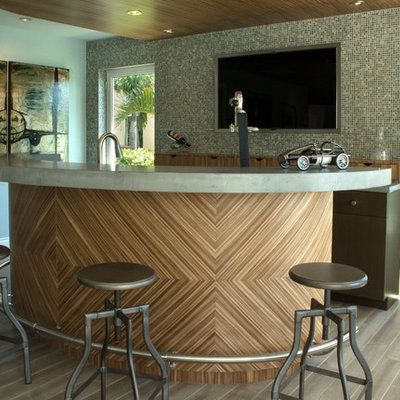 Trendy galley seated home bar photo in Miami with flat-panel cabinets, dark wood cabinets, multicolored backsplash and mosaic tile backsplash