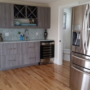 Wet bar and refrigerator in large living room