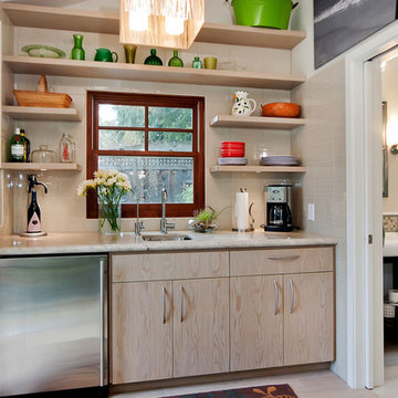 Wet Bar with tiled niche for glassware and floating shelves