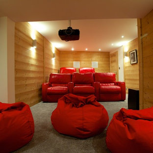 Cette image montre une grand salle de cinéma design fermée avec un mur marron, moquette et un écran de projection.