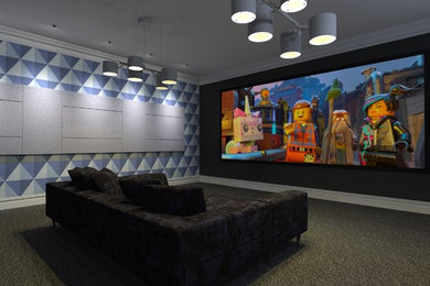 Inspiration for a medium sized modern enclosed home cinema in Surrey with blue walls, carpet and a projector screen.