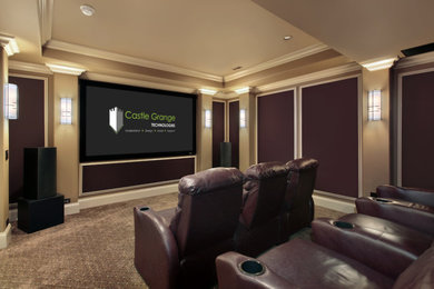 Design ideas for a home cinema in Other with brown walls and a projector screen.