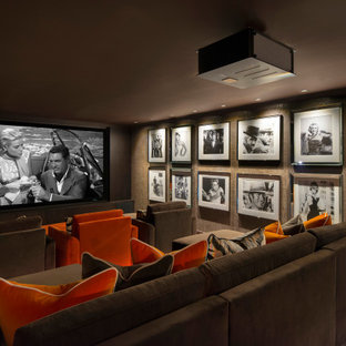Design ideas for a large classic enclosed home cinema in Surrey with carpet and a built-in media unit.