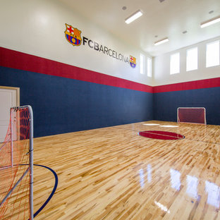 Immagine di un grande campo sportivo coperto tradizionale con pareti multicolore e parquet chiaro