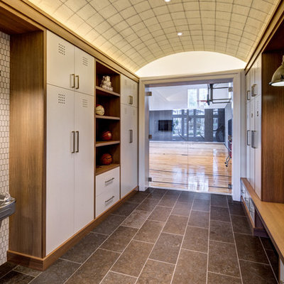 Inspiration for a huge transitional porcelain tile and brown floor indoor sport court remodel in Orange County with white walls