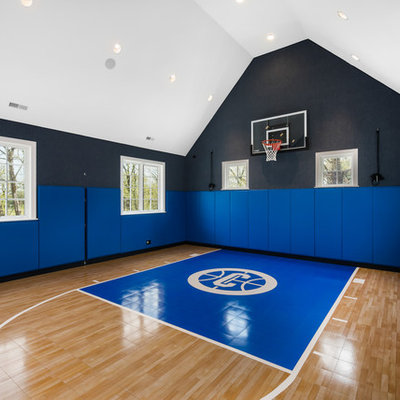 Inspiration for a large transitional light wood floor indoor sport court remodel in Chicago with black walls