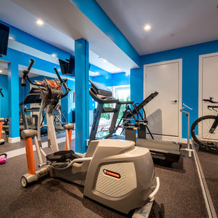 75 Beautiful Home Gym with Blue Walls and Ceramic Floors Ideas