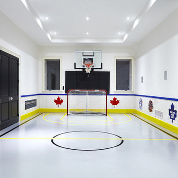 Custom made basement basketball and hockey court