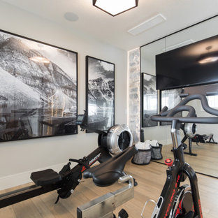 Immagine di una palestra multiuso country di medie dimensioni con pareti grigie e pavimento in laminato