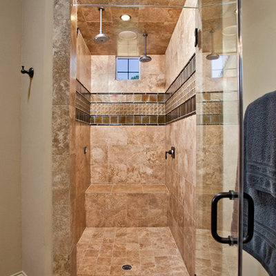 Large elegant home weight room photo in Austin with beige walls