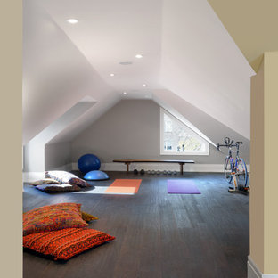 Inspiration for a mid-sized traditional home yoga studio in Toronto with grey walls, dark hardwood floors and brown floor.