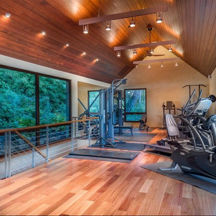 Immagine di una palestra in casa contemporanea con pareti beige e pavimento in legno massello medio