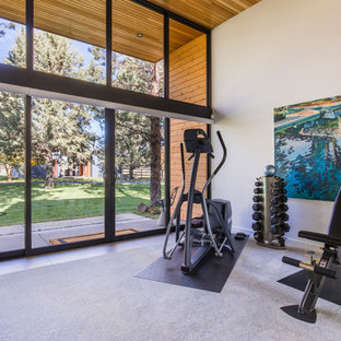 Foto di una palestra multiuso contemporanea di medie dimensioni con pareti bianche, moquette e pavimento grigio