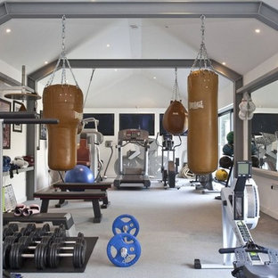 Design ideas for a medium sized classic multi-use home gym in Essex with white walls, carpet and grey floors.
