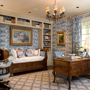 Elegant freestanding desk dark wood floor home office photo in Wichita