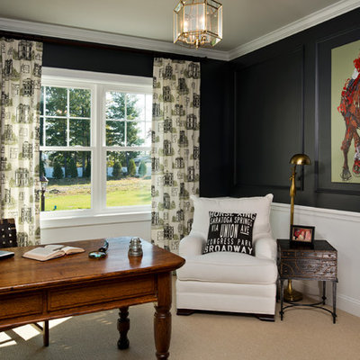 Mid-sized elegant freestanding desk carpeted study room photo in Boston with black walls and no fireplace