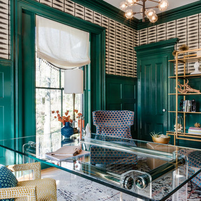 Study room - mid-sized eclectic freestanding desk medium tone wood floor and white floor study room idea in Boston with green walls