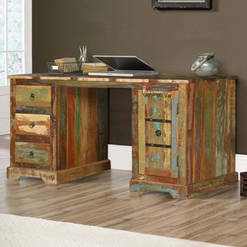 59" Reclaimed Wood Pedestal Desk Multi Color Workstation