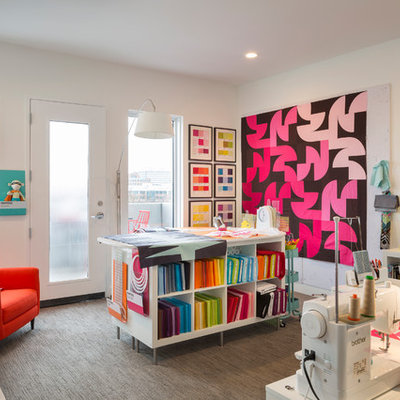 Mid-sized trendy carpeted and gray floor craft room photo in Kansas City with white walls and no fireplace