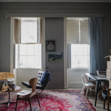 A living room painted in Worsted No.284 by Farrow & Ball