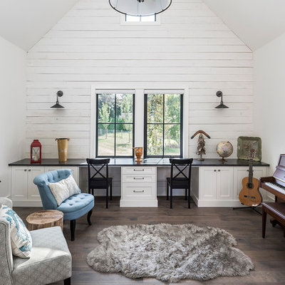 Inspiration for a farmhouse built-in desk dark wood floor and brown floor home office remodel in Vancouver with white walls