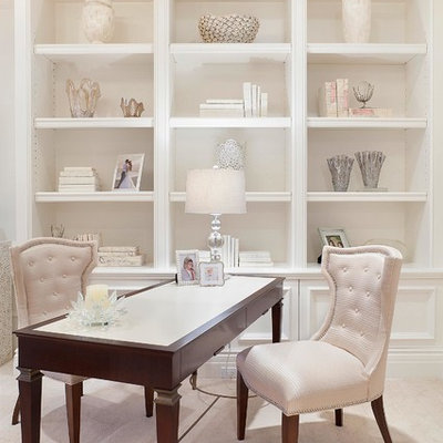 Home office - transitional freestanding desk beige floor home office idea in Miami with white walls