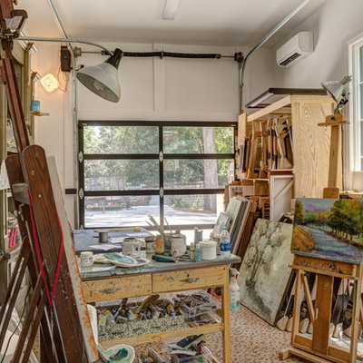 Eclectic freestanding desk beige floor home studio photo in Charlotte with white walls
