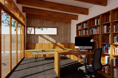 Modelo de despacho minimalista pequeño con suelo de cemento y escritorio empotrado