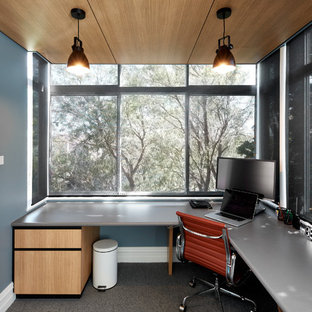 Photo of a contemporary study room in Sydney with blue walls, carpet, a built-in desk and grey floor.