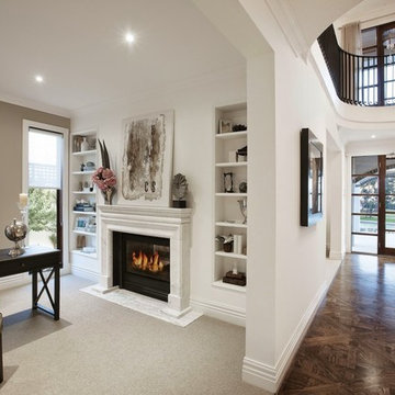 Balwyn North, Open study with fireplace and built-in bookshselves