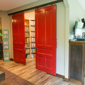 Barn doors open, office filing/storage space