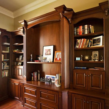 Bay Area executive home office design with mahogany custom cabinets