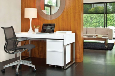 Foto de despacho moderno grande sin chimenea con paredes blancas, suelo de cemento y escritorio independiente