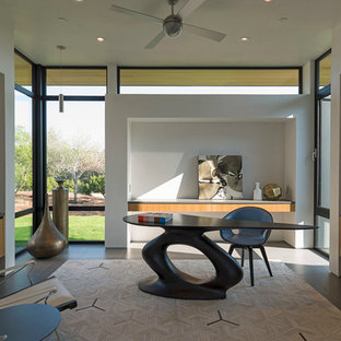 Study room - large contemporary freestanding desk porcelain tile study room idea in Austin with white walls and no fireplace