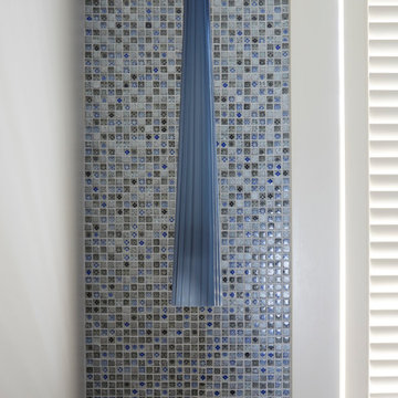 Blue Glass Pendant in Home Office with Mosaic Tile