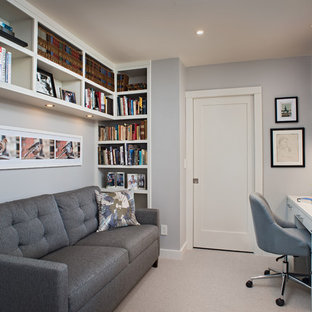 Inspiration for a small contemporary built-in desk carpeted and beige floor study room remodel in Portland Maine with gray walls