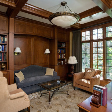 Cherry Library with Recessed Panel Wainscot, Built Ins and Coffer Ceiling